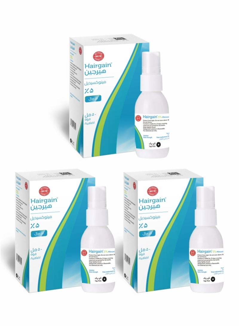 5% Minoxidil by Hairgain – 50ml Regrowth Treatment with Stimulating 3 Months Supply (3 Bottles x 50ml)